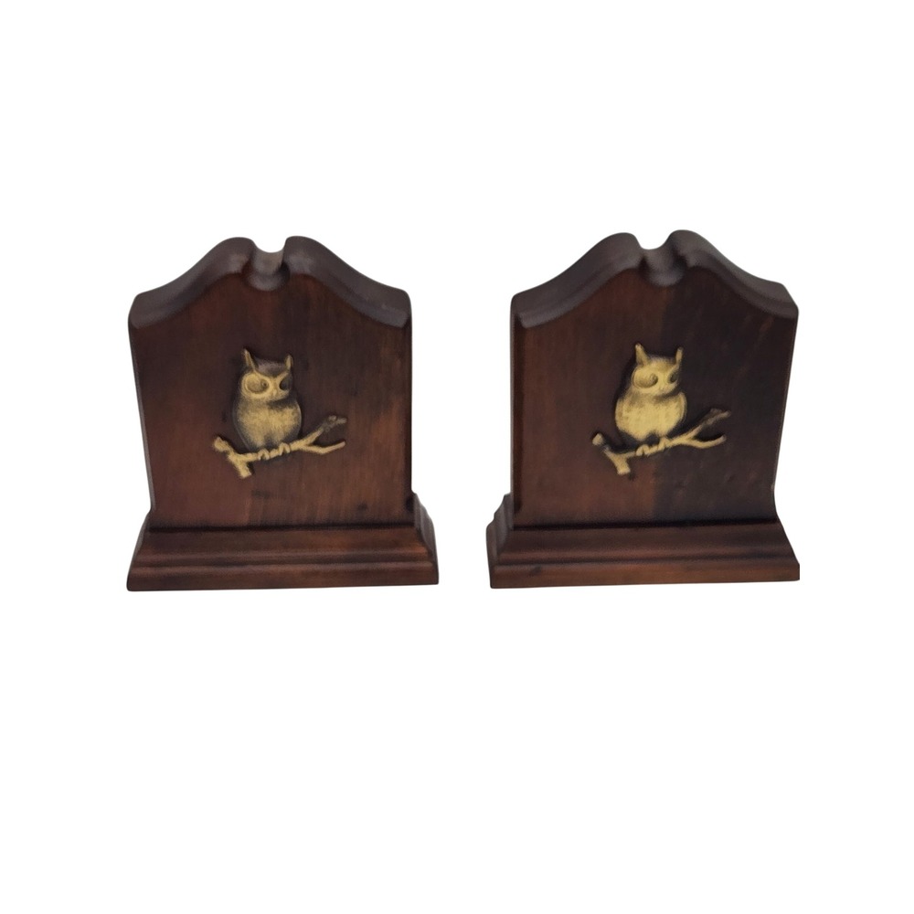 Vintage Wooden Brass Owl Bookends Pair Mid Century Rustic Library Decor